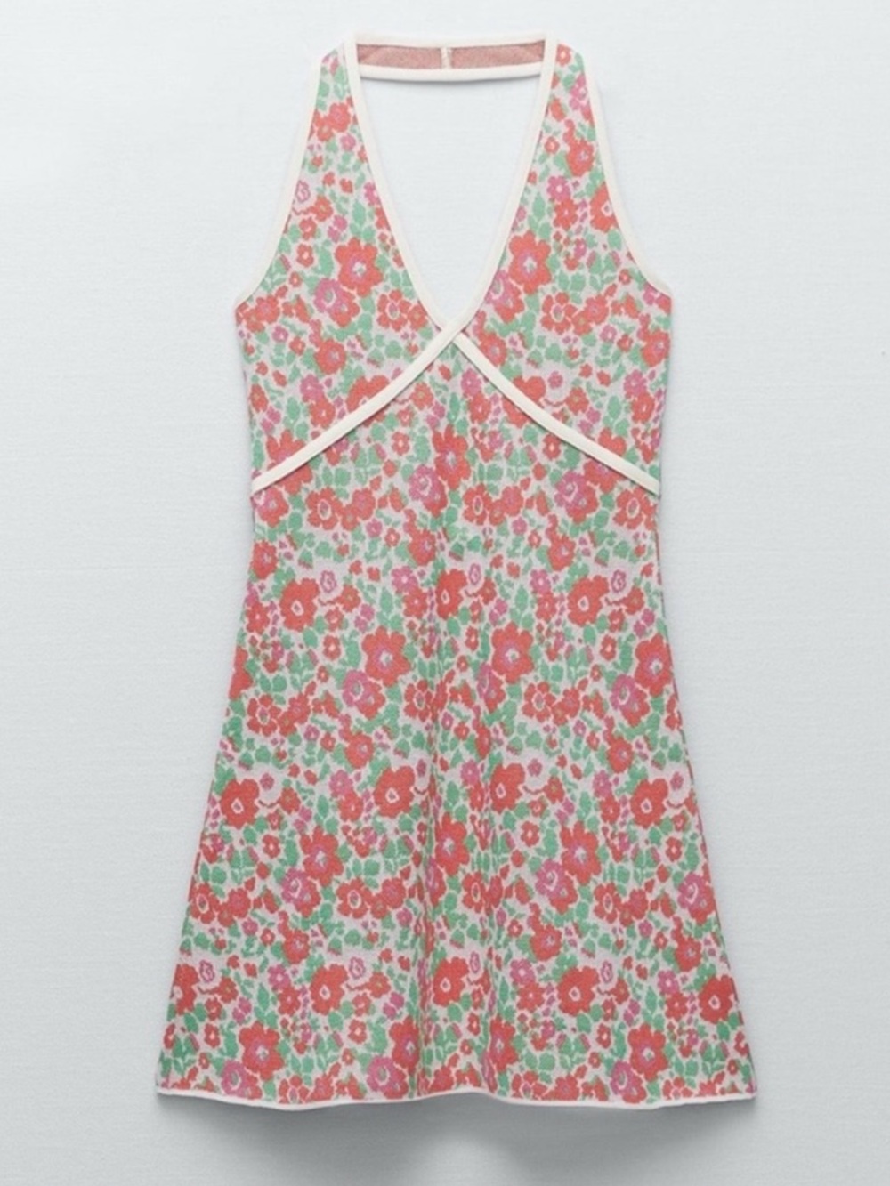 Zara Red Floral Halter Mini Dress with Green Accents